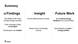 Summary
Only 8.2% of 9K+ tests
showed energy reduction
Code coverage mostly
unchanged
Overall gains are modest
Current effectiveness is limited
Reason lies in knowledge
scarcity
Add runtime energy
feedback into LLM workflow
Build datasets of code +
energy profiles
📊Findings 💡Insight 🚀Future Work
 