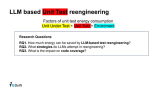 LLM based Unit Test reengineering
Research Questions
RQ1. How much energy can be saved by LLM-based test reengineering?
RQ2. What strategies do LLMs attempt in reengineering?
RQ3. What is the impact on code coverage?
Factors of unit test energy consumption
Unit Under Test + Unit Test + Enviroment
 