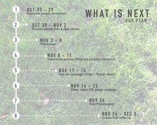 O U R P L A N 
1 
2 
3 
4 
5 
6 
7 
8 
O C T 2 3 - 2 9 
Interview people downtown 
O C T 3 0 - N O V 2 
Process survey data & data results 
N OV 3 - 8 
Workshops 
N OV 8 - 1 1 
Determine policies. What are people’s concerns? 
N OV 1 1 - 1 5 
Idea for campaign (Video / Poster ideas?) 
N OV 1 6 - 2 5 
Make video OR design campaign 
N OV 2 6 
Final Presentation 
N OV 2 6 - D E C 3 
Create final write-up 
 