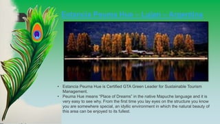 Estancia Peuma Hue – Lujan – Argentina
• Estancia Peuma Hue is Certified GTA Green Leader for Sustainable Tourism
Management.
• Peuma Hue means “Place of Dreams” in the native Mapuche language and it is
very easy to see why. From the first time you lay eyes on the structure you know
you are somewhere special, an idyllic environment in which the natural beauty of
this area can be enjoyed to its fullest.
 