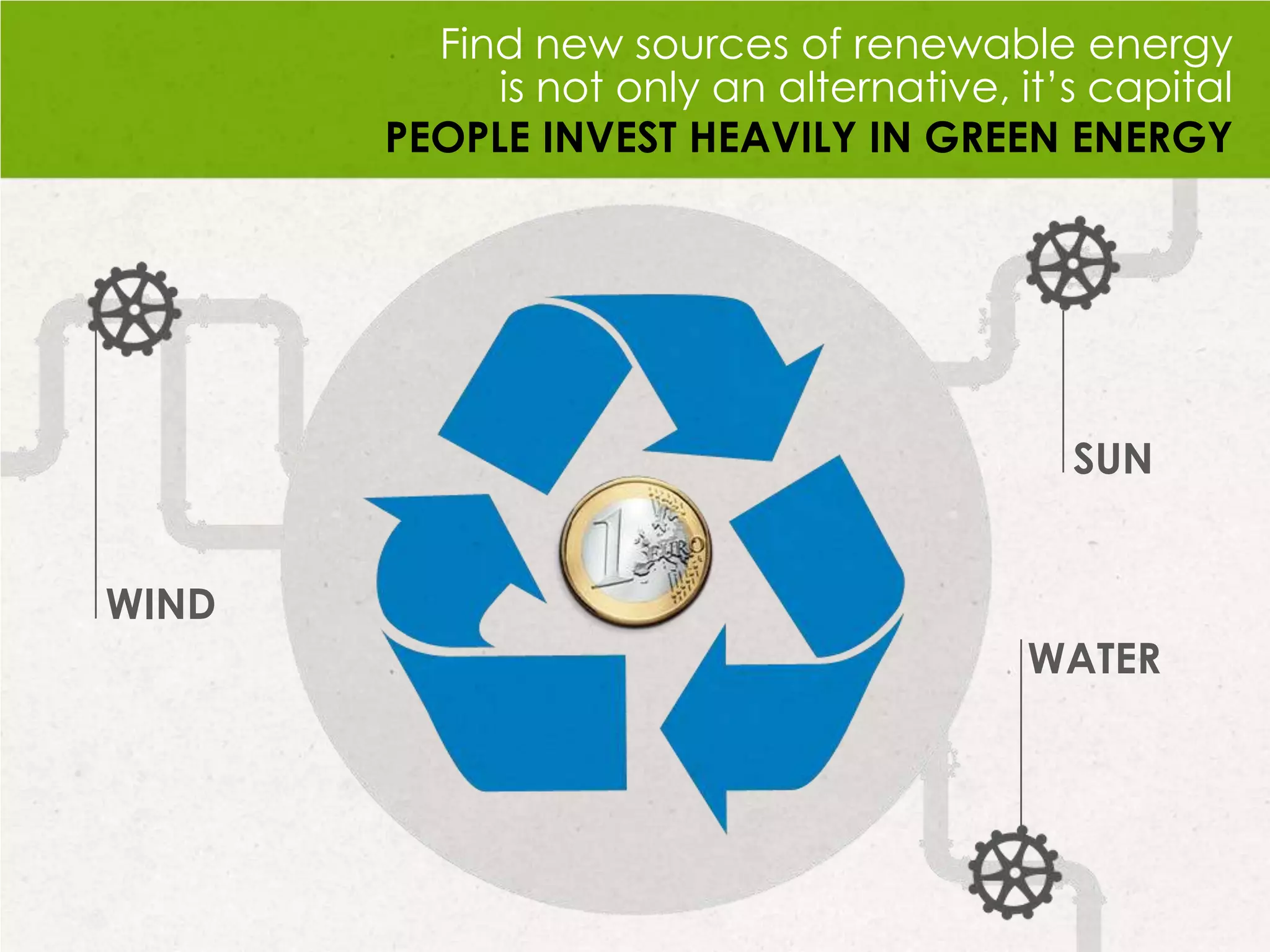Find new sources of renewable energy
is not only an alternative, it’s capital
PEOPLE INVEST HEAVILY IN GREEN ENERGY
WIND
SUN
WATER
 