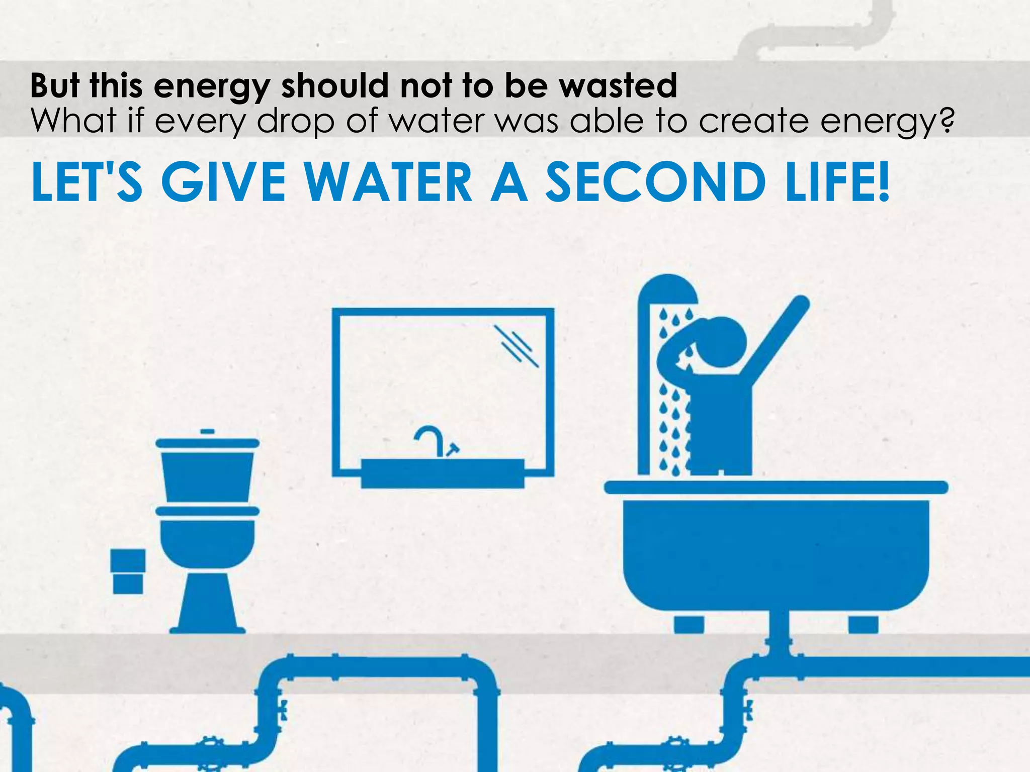 But this energy should not to be wasted
What if every drop of water was able to create energy?
LET'S GIVE WATER A SECOND LIFE!LET'S GIVE WATER A SECOND LIFE!
 