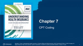 1
Michelle A. Green, Understanding Health Insurance: A Guide to Billing and Reimbursement, 2022, Seventeenth Edition, © 2023 Cengage. All
Rights Reserved. May not be scanned, copied or duplicated, or posted to a publicly accessible website, in whole or in part. 1
Chapter 7
CPT Coding
Michelle A. Green, Understanding Health Insurance: A Guide to Billing and Reimbursement, 2022, Seventeenth Edition, © 2023 Cengage. All
Rights Reserved. May not be scanned, copied or duplicated, or posted to a publicly accessible website, in whole or in part.
 