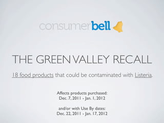 THE GREEN VALLEY RECALL
18 food products that could be contaminated with Listeria.

                  Affects products purchased:
                   Dec. 7, 2011 - Jan. 1, 2012

                   and/or with Use By dates:
                  Dec. 22, 2011 - Jan. 17, 2012
 