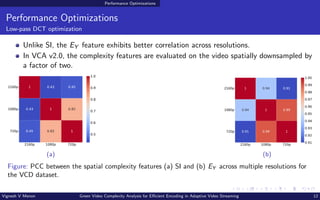 Performance Optimizations
Performance Optimizations
Low-pass DCT optimization
Unlike SI, the EY feature exhibits better correlation across resolutions.
In VCA v2.0, the complexity features are evaluated on the video spatially downsampled by
a factor of two.
(a) (b)
Figure: PCC between the spatial complexity features (a) SI and (b) EY across multiple resolutions for
the VCD dataset.
Vignesh V Menon Green Video Complexity Analysis for Efficient Encoding in Adaptive Video Streaming 12
 