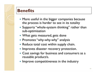 BenefitsBenefits
 More useful in the bigger companies because
the process is harder to see in its totality
 Supports “whole-system thinking” rather than
sub-optimisation
 What gets measured, gets done
 Promotes “why-why-why” analysis
 Reduce total cost within supply chain.
 Improves disaster recovery protection.
 Cost savings for business and consumers as a
reusable product/s.
 Improve competitiveness in the industry
 More useful in the bigger companies because
the process is harder to see in its totality
 Supports “whole-system thinking” rather than
sub-optimisation
 What gets measured, gets done
 Promotes “why-why-why” analysis
 Reduce total cost within supply chain.
 Improves disaster recovery protection.
 Cost savings for business and consumers as a
reusable product/s.
 Improve competitiveness in the industry
41
 