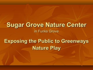 Sugar Grove Nature Center
in Funks Grove

Exposing the Public to Greenways
Nature Play

 