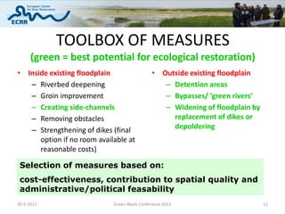 TOOLBOX OF MEASURES
      (green = best potential for ecological restoration)
• Inside existing floodplain                ...