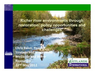 Richer river environments through
 restoration: policy opportunities and
              challenges



Chris Baker, Head of 
Strategy and programme 
Wetlands and Water 
Resources
22nd May 2012
 