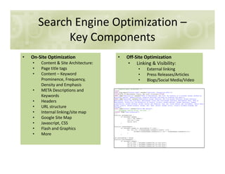 Search Engine Optimization –
Key Components
• On-Site Optimization
• Content & Site Architecture:
• Page title tags
• Content – Keyword
Prominence, Frequency,
Density and Emphasis
• Off-Site Optimization
• Linking & Visibility:
• External linking
• Press Releases/Articles
• Blogs/Social Media/Video
Density and Emphasis
• META Descriptions and
Keywords
• Headers
• URL structure
• Internal linking/site map
• Google Site Map
• Javascript, CSS
• Flash and Graphics
• More
 