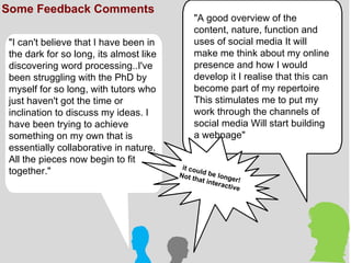Some Feedback Comments "I can't believe that I have been in the dark for so long, its almost like discovering word processing..I've been struggling with the PhD by myself for so long, with tutors who just haven't got the time or inclination to discuss my ideas. I have been trying to achieve something on my own that is essentially collaborative in nature.  All the pieces now begin to fit together." "A good overview of the content, nature, function and uses of social media It will make me think about my online presence and how I would develop it I realise that this can become part of my repertoire This stimulates me to put my work through the channels of social media Will start building a webpage" it could be longer! Not that interactive 