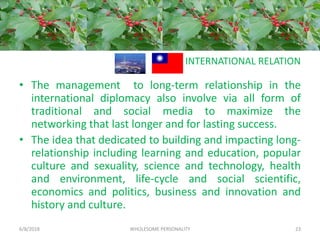 INTERNATIONAL RELATION
• The management to long-term relationship in the
international diplomacy also involve via all form of
traditional and social media to maximize the
networking that last longer and for lasting success.
• The idea that dedicated to building and impacting long-
relationship including learning and education, popular
culture and sexuality, science and technology, health
and environment, life-cycle and social scientific,
economics and politics, business and innovation and
history and culture.
6/8/2018 WHOLESOME PERSONALITY 23
 