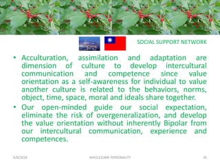 SOCIAL SUPPORT NETWORK
• Acculturation, assimilation and adaptation are
dimension of culture to develop intercultural
communication and competence since value
orientation as a self-awareness for individual to value
another culture is related to the behaviors, norms,
object, time, space, moral and ideals share together.
• Our open-minded guide our social expectation,
eliminate the risk of overgeneralization, and develop
the value orientation without inherently Bipolar from
our intercultural communication, experience and
competences.
6/8/2018 WHOLESOME PERSONALITY 26
 