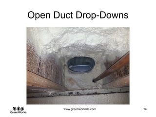 Assessing Hidden Moisture Intrusion
© GreenWorks Environmental, LLC
The Author shown here on the opposite side of a seemingly inaccessible part of the crawl
space.
•Every corner really should be checked when dealing with moisture issues.
•We do this type of investigation in “pairs” for safety purposes.
•Yes, I had to get really small to get under that beam.
PAUSE FOR QUESTIONS & DISCUSSION
 