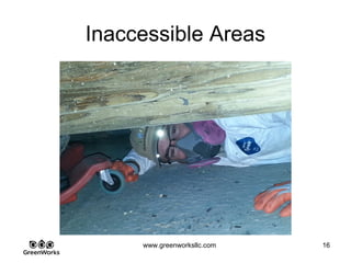 Assessing Hidden Moisture Intrusion
© GreenWorks Environmental, LLC
Upon walking into this home the place was immaculate. Here’s some observations:
•No strange odors were detected
•A new HVAC system was being installed in the attic where the exisiting sub-slab ducted
system was being abandoned.
•Entire home has a newer tongue & groove oak floor
•The oak floor was heaving and cupping throughout the home (See above picture)
•Suspect moisture intrusion is to blame. But extent of issue is not immediately known
PAUSE FOR QUESTIONS & DISCUSSION
 
