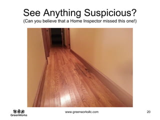 Assessing Hidden Moisture Intrusion
© GreenWorks Environmental, LLC
Looking closer we found a rag stuffed in between the duct collar and the soil void on the
other side. Historic attempts to stop water intrusion.
•Rag was the size of a beach towel
•Water comes in to this duct at a slow constant stream (See video – very impressive flow
rate)
PAUSE FOR QUESTIONS & DISCUSSION
 