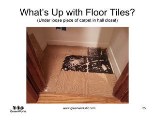 Assessing Hidden Moisture Intrusion
© GreenWorks Environmental, LLC
This is a 1930 aerial with today’s parcel data overlaid on top. What do you see?
•Note the agricultural areas / farmed areas (in white)
•Note areas of forest clearing / forest cover
•Note areas not being cleared and compare to soils layer and mapped streams (has
anything been missed / extrapolate the data)
•This is the poorly draining section of a large agricultural operation
•Note the drainage ditches and bermed areas around the PIQ
•Clients home and neighbors sit right in the stream’s tributary headwater area which by
today’s standards would never be allowed to be developed.
PAUSE FOR QUESTIONS & DISCUSSION
 