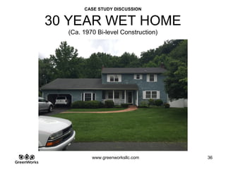 Assessing Hidden Moisture Intrusion
© GreenWorks Environmental, LLC
Subsurface conditions are often difficult to assess visually, but you can look for these
obvious “Tells” that could indicate sub-surface problems:
•Perforated corrugated pipe used as a distribution line often clogs with fine roots
•Pitch of the pipe is critically important to not just water flow, but movement of soil fines
that tend to drop out of solution if pipe is not set at a2% pitch.
•Lack of catch basins / Overflow indicators (if pipe is not day-lighted) often is indicative of
poor design and suspect failure.
•Soil type is indicative of poorly or good draining soils. Wetlands here tells us we have
poorly draining soils.
 