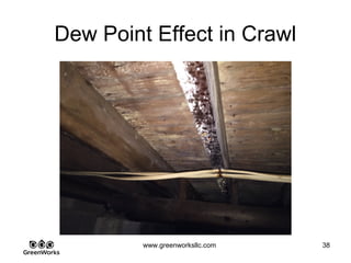 Assessing Hidden Moisture Intrusion
© GreenWorks Environmental, LLC
This drainage hump while an inexpensive fix needed to be extended a couple feet in either
direction.
•GWE often re-visits installed solutions after rain events to monitor effectiveness.
 