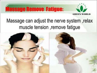 Massage Remove Fatigue:

Massage can adjust the nerve system ,relax
     muscle tension ,remove fatigue
 