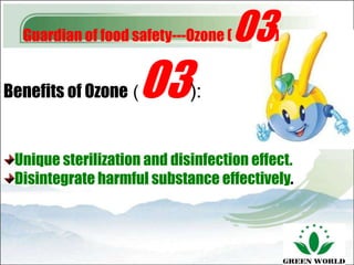 Guardian of food safety---Ozone (   O3   )


Benefits of Ozone (   O3     ):


 Unique sterilization and disinfection effect.
 Disintegrate harmful substance effectively.
 