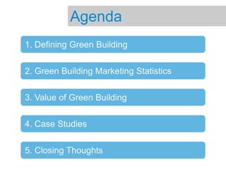 Agenda1. Defining Green Building2. Green Building Marketing Statistics3. Value of Green Building4. Case Studies5. Closing Thoughts