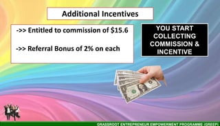 GRASSROOT ENTREPRENEUR EMPOWERMENT PROGRAMME (GREEP)
Additional Incentives
YOU START
COLLECTING
COMMISSION &
INCENTIVE
->> Entitled to commission of $15.6
->> Referral Bonus of 2% on each
 