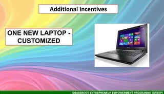 GRASSROOT ENTREPRENEUR EMPOWERMENT PROGRAMME (GREEP)
Additional Incentives
ONE NEW LAPTOP -
CUSTOMIZED
 