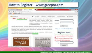GRASSROOT ENTREPRENEUR EMPOWERMENT PROGRAMME (GREEP)
How to Register – www.greepro.com
 