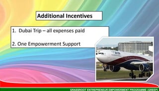 GRASSROOT ENTREPRENEUR EMPOWERMENT PROGRAMME (GREEP)
1. Dubai Trip – all expenses paid
2. One Empowerment Support
Additional Incentives
 