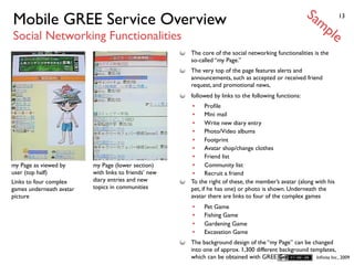 Sa
Mobile GREE Service Overview                                                                               mp          13


Social Networking Functionalities                                                                                 le
                                                       The core of the social networking functionalities is the
                                                       so-called “my Page.”
                                                       The very top of the page features alerts and
                                                       announcements, such as accepted or received friend
                                                       request, and promotional news,
                                                       followed by links to the following functions:
                                                       •      Proﬁle
                                                       •      Mini mail
                                                       •      Write new diary entry
                                                       •      Photo/Video albums
                                                       •      Footprint
                                                       •      Avatar shop/change clothes
                                                       •      Friend list
my Page as viewed by      my Page (lower section)      •      Community list
user (top half)           with links to friends’ new   •      Recruit a friend
Links to four complex     diary entries and new        To the right of these, the member’s avatar (along with his
games underneath avatar   topics in communities        pet, if he has one) or photo is shown. Underneath the
picture                                                avatar there are links to four of the complex games
                                                       •    Pet Game
                                                       •    Fishing Game
                                                       •    Gardening Game
                                                       •    Excavation Game
                                                       The background design of the “my Page” can be changed
                                                       into one of approx. 1,300 different background templates,
                                                       which can be obtained with GREE Gold.            Inﬁnita Inc., 2009
 