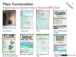 Sa
Major Functionalities                                                                                     mp         81


Registering to a Sponsor Site to Receive GREE Gold                                                              le




Enter password              Conﬁrm/send               Done.                   Back on GREE top, go to
                                                                              my page




Go ﬁshing (or wherever     Fishing: go to equipment   View equipment. Go to   Shop. Go to ocean ﬁshing
                                                                              category.                Inﬁnita Inc., 2009
you want to spend money)                              shop.
 