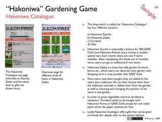 Sa
“Hakoniwa” Gardening Game                                                                      mp          151


Hakoniwa Catalogue                                                                                     le
                                             The shop, which is called the “Hakoniwa Catalogue”,
                                             has four different sections:

                                             a) Hakoniwa Gaccha
                                             b) Hakoniwa Zakka
                                             c) Farmland
                                             d) Gifts
                                             Hakoniwa Gaccha is essentially a lottery, for 300 GREE
                                             Gold (not Hakoniwa Points), users receive a random
                                             special item. Each month, there are new 9 items
                                             available. After completing the whole set of monthly
                                             items, users can get an additional 2 rare items.
                                             Hakoniwa Zakka is a shop that sells garden furniture,
The Hakoniwa            Overview page for    fences etc., which users can decorate their garden with.
Catalogue top page      different kinds of   Shopping here is only possible with GREE Gold.
with links to Gaccha,   items in Hakoniwa    Once items have been bought, they are added to the
Zakka and Farmland      Zakka                user’s item collection. He can then choose them from
(link to gifts not                           the collection and add or delete them from the garden,
shown here)                                  as well as choosing and changing the position of the
                                             items in the garden.
                                             In order to grow vegetables and fruit, farmland is
                                             necessary. Farmland needs to be bought with
                                             Hakoniwa Points or GREE Gold, except for one initial
                                             patch which the player receives for free.
                                             Lastly, Hakoniwa Catalogue offers gifts that can be given
                                             to friends (for details refer to the section below).
                                                                                                Inﬁnita Inc., 2009
 