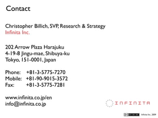 Contact
D
Christopher Billich, SVP, Research & Strategy
Inﬁnita Inc.

202 Arrow Plaza Harajuku
4-19-8 Jingu-mae, Shibuya-ku
Tokyo, 151-0001, Japan

Phone: +81-3-5775-7270
Mobile: +81-90-9015-3572
Fax:    +81-3-5775-7281

www.inﬁnita.co.jp/en
info@inﬁnita.co.jp
                                                Inﬁnita Inc., 2009
 