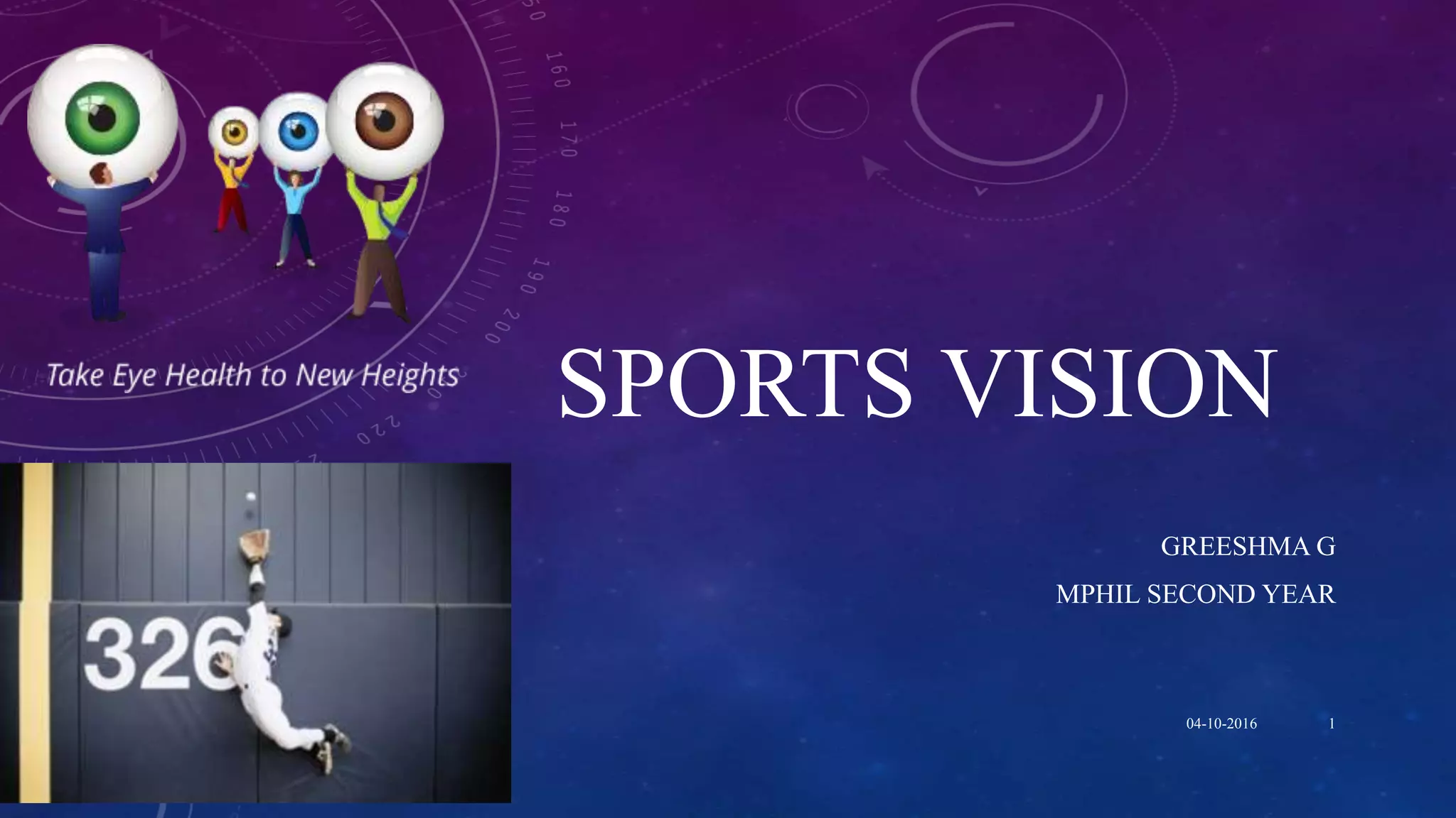 SPORTS VISION
GREESHMA G
MPHIL SECOND YEAR
04-10-2016 1
 