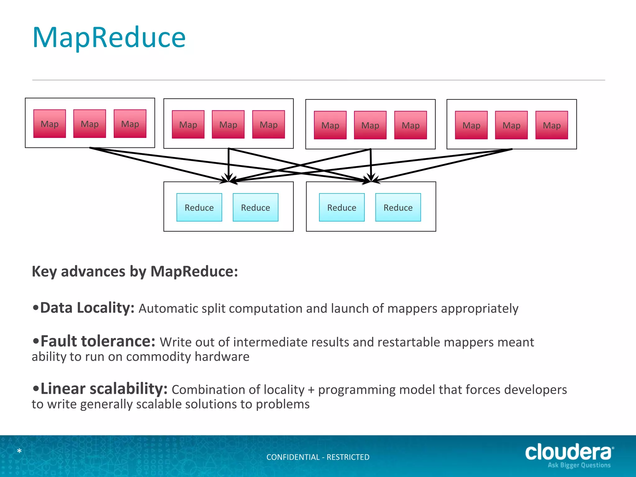 CONFIDENTIAL - RESTRICTED*
MapReduce
Map Map Map Map Map Map Map Map Map Map Map Map
Reduce Reduce Reduce Reduce
Key advances by MapReduce:
•Data Locality: Automatic split computation and launch of mappers appropriately
•Fault tolerance: Write out of intermediate results and restartable mappers meant
ability to run on commodity hardware
•Linear scalability: Combination of locality + programming model that forces developers
to write generally scalable solutions to problems
 