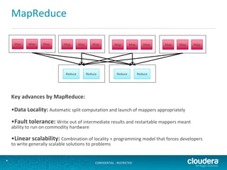 CONFIDENTIAL - RESTRICTED*
MapReduce
Map Map Map Map Map Map Map Map Map Map Map Map
Reduce Reduce Reduce Reduce
Key advances by MapReduce:
•Data Locality: Automatic split computation and launch of mappers appropriately
•Fault tolerance: Write out of intermediate results and restartable mappers meant
ability to run on commodity hardware
•Linear scalability: Combination of locality + programming model that forces developers
to write generally scalable solutions to problems
 
