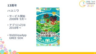 • サービス開始
2008年 9月〜
ハコニワ
13周年
10
• アプリ(v2)は
2018年〜
• WebViewApp
GREE SDK
 