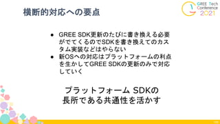 横断的対応への要点
108
プラットフォーム SDKの
長所である共通性を活かす
● GREE SDK更新のたびに書き換える必要
がでてくるのでSDKを書き換えてのカス
タム実装などはやらない
● 新OSヘの対応はプラットフォームの利点
を生かしてGREE SDKの更新のみで対応
していく
 
