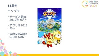 • サービス開始
2010年 6月〜
モンプラ
11周年
11
• アプリは2011
年〜
• WebViewApp
GREE SDK
 
