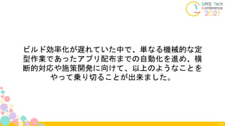 ビルド効率化が遅れていた中で、単なる機械的な定
型作業であったアプリ配布までの自動化を進め、横
断的対応や施策開発に向けて、以上のようなことを
やって乗り切ることが出来ました。
113
 