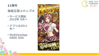 • サービス開始
2010年 9月〜
海賊王国コロンブス
11周年
12
• アプリは2011
年〜
• WebViewApp
GREE SDK
 