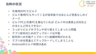 • 作業用のPCでビルド
• ビルド専用PCもやってくるが効率面ではほとんど恩恵なしのイ
メージ
• ビルドPCと作業PCを兼ねていれば ビルド中は業務上の対応と
かほとんど何もできない
• うっかりビルド中ブランチ切り替えてしまったら問題
• アプリ配布のためのアップロードは手動
• 配布枠への手動アップロードに結構時間がかかる
• アプリ枠を間違えてアップロードしてしまうことも
• Androidのビルド時間は長め
当時の状況
25
 