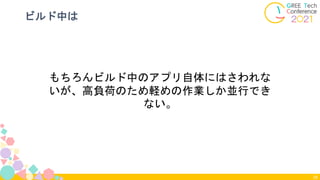 ビルド中は
28
もちろんビルド中のアプリ自体にはさわれな
いが、高負荷のため軽めの作業しか並行でき
ない。
 