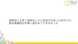 業務中にも早く効率化したい状況ではあったのだけど、
負の連鎖的な作業に追われてできなかった
32
 