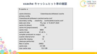41
ccache キャッシュヒット率の確認
$ ccache -s
cache directory /Users/kazuta.ishikawa/.ccache
primary config
/Users/kazuta.ishikawa/.ccache/ccache.conf
secondary config (readonly) /usr/local/etc/ccache.conf
stats zero time Thu Apr 2 15:49:07 2020
cache hit (direct) 15768
cache hit (preprocessed) 24
cache miss 9894
cache hit rate 61.48 %
compiler produced no output 1
ccache internal error 32
cache file missing 12
cleanups performed 0
files in cache 29802
cache size 4.9 GB
max cache size 15.0 GB
 