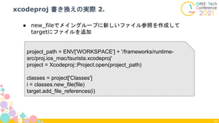 xcodeproj 書き換えの実際 2.
63
project_path = ENV['WORKSPACE'] + '/frameworks/runtime-
src/proj.ios_mac/tsurista.xcodeproj'
project = Xcodeproj::Project.open(project_path)
classes = project['Classes']
i = classes.new_file(file)
target.add_file_references(i)
● new_fileでメイングループに新しいファイル参照を作成して
targetにファイルを追加
 