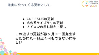 確実にやってくる更新として
90
● GREE SDKの更新
● 広告系ライブラリの更新
● アイコンの差し替え・戻し
この辺りの更新が数ヶ月に一回発生す
るたびに丸一日近く何もできないに等
しい
 
