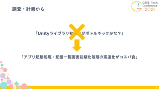 「Unityライブラリ初期化がボトルネックかな？」
「アプリ起動処理・配信一覧画面初期化処理の高速化がコスパ良」
調査・計測から
24
 