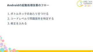 32
Androidの起動処理改善のフロー
1.ボトルネックのあたりをつける
2.コードレベルで問題箇所を特定する
3.修正を入れる
 